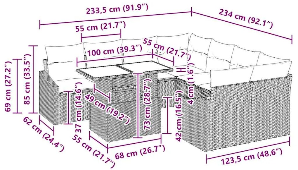 Conjunto de Sofá de Jardim 9 Peças com Almofadas Bege em Rattan Sintét