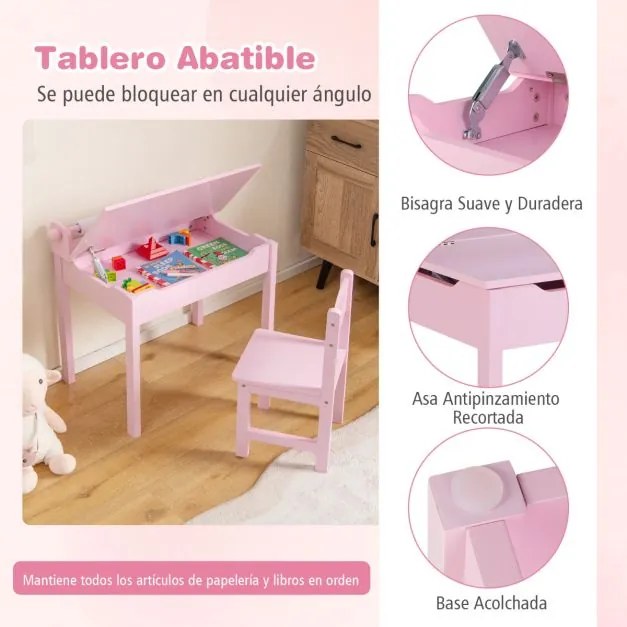 Conjunto de mesa e cadeira para crianças Mesa de actividades para crianças com arrumação e suporte para rolos de papel para desenhar, estudar e brinca