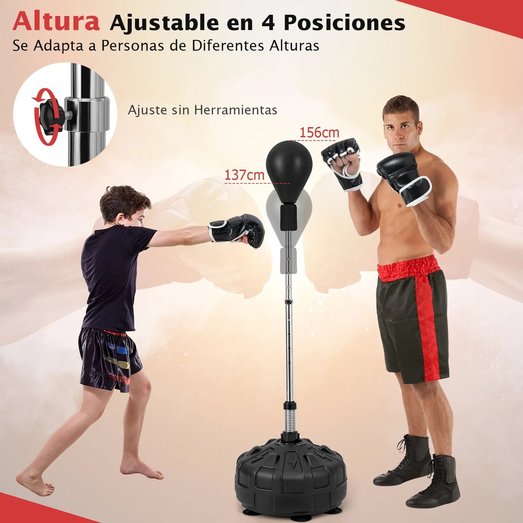Saco de boxe de pé com base, bola de velocidade, altura ajustável em 4 níveis, ventosas e luvas para adultos e adolescentes, preto