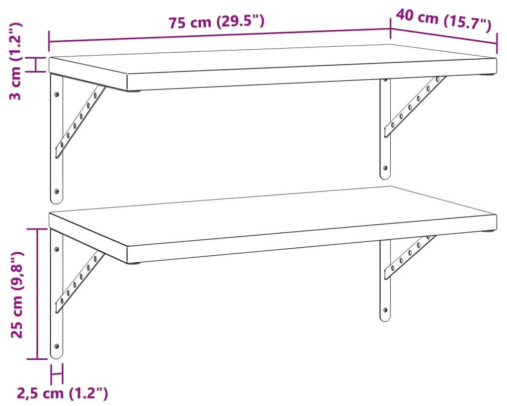 Prateleiras de parede 2 pcs 75x40 cm aço inoxidável prateado