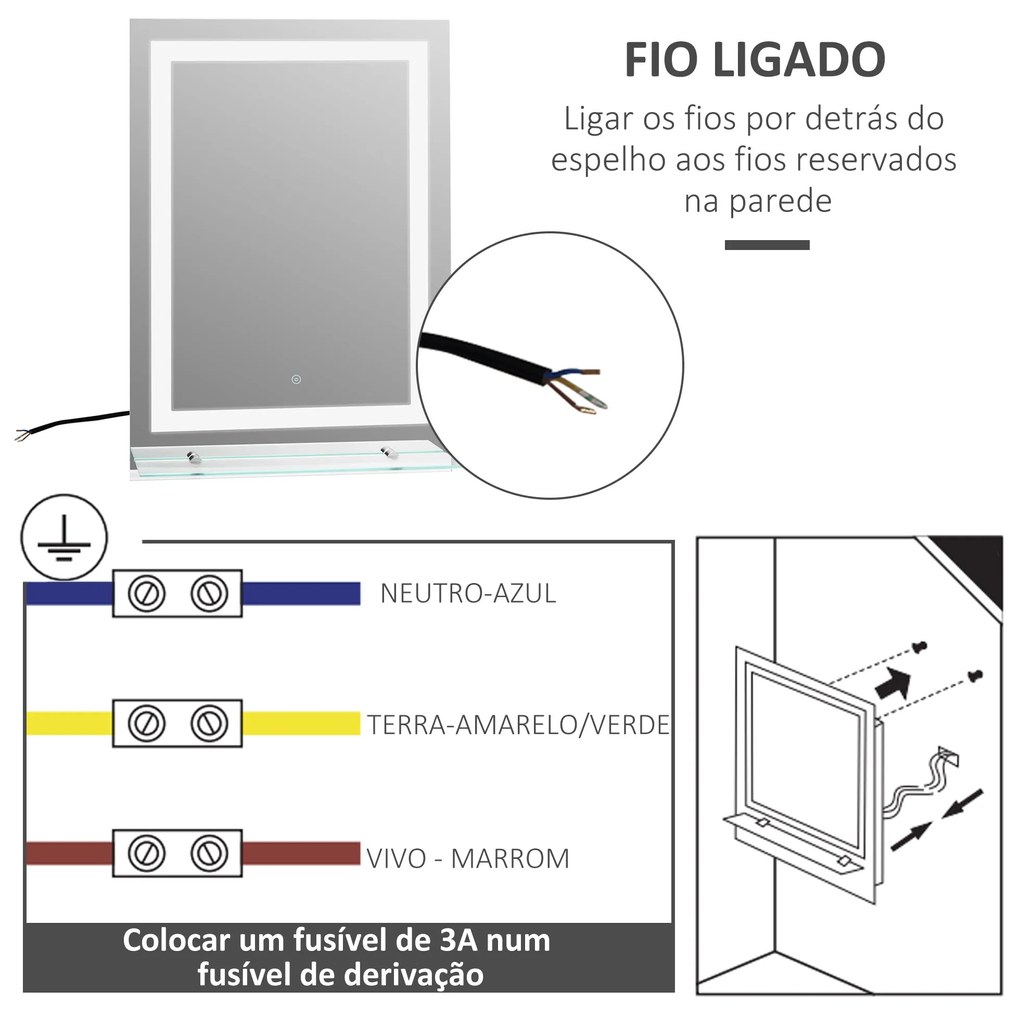 kleankin Espelho de Casa de Banho com Luzes LED 70x50 cm, Espelho para