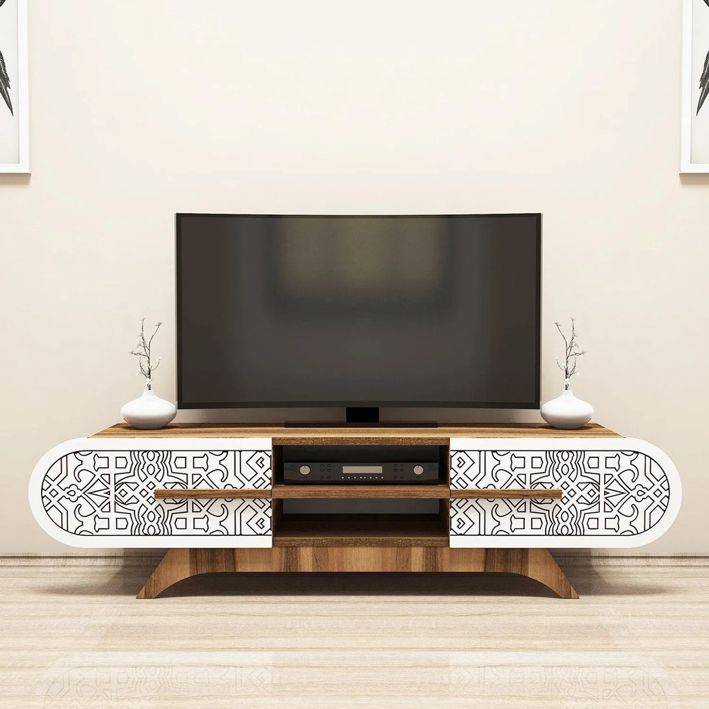 Móvel TV Defne – Nogueira e Branco – 145x37x37 cm
