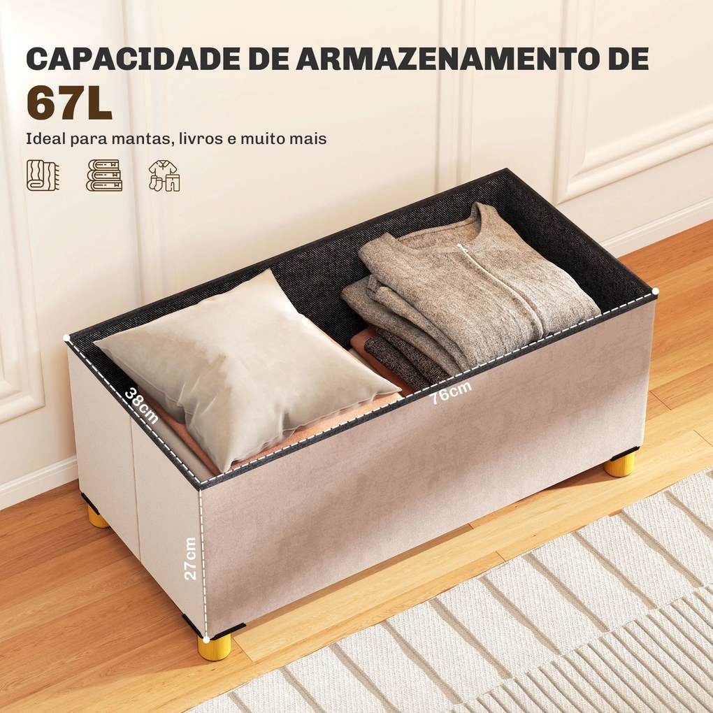 Banco de Armazenamento Dobrável Capacidade de 67 L  Estofado em Veludo Carga 120 kg 76x38x38 cm Rosa Claro