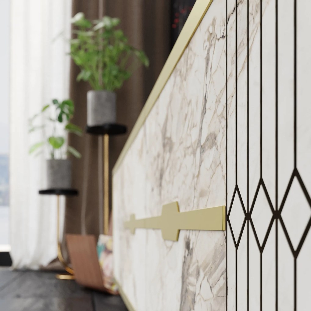 Aparador ELOISE, bilaminado mármore branco com detalhes dourados, 180 cms