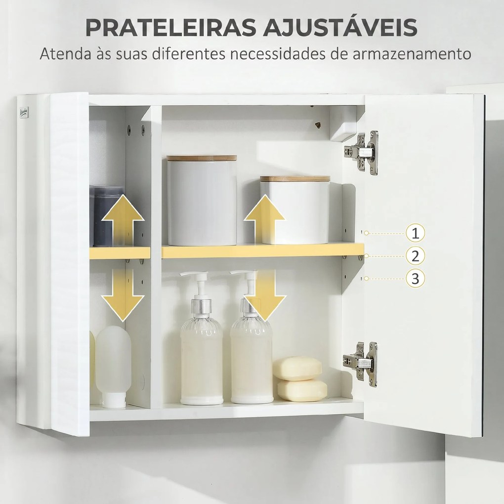 Armário de Casa de Banho com Espelho, 2 Portas e Prateleiras Ajustáveis, 48x15x45 cm, Branco