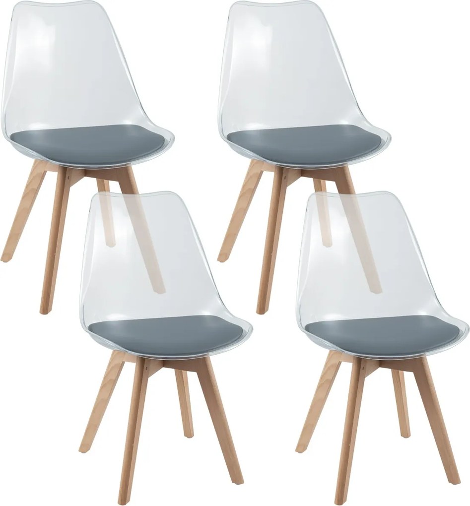 Conjunto de 4 cadeiras de jantar (MESA NÃO INCLUIDA) modernas sem braços com encosto Pernas em madeira de faia Almofada macia cinzenta e cadeiras tran