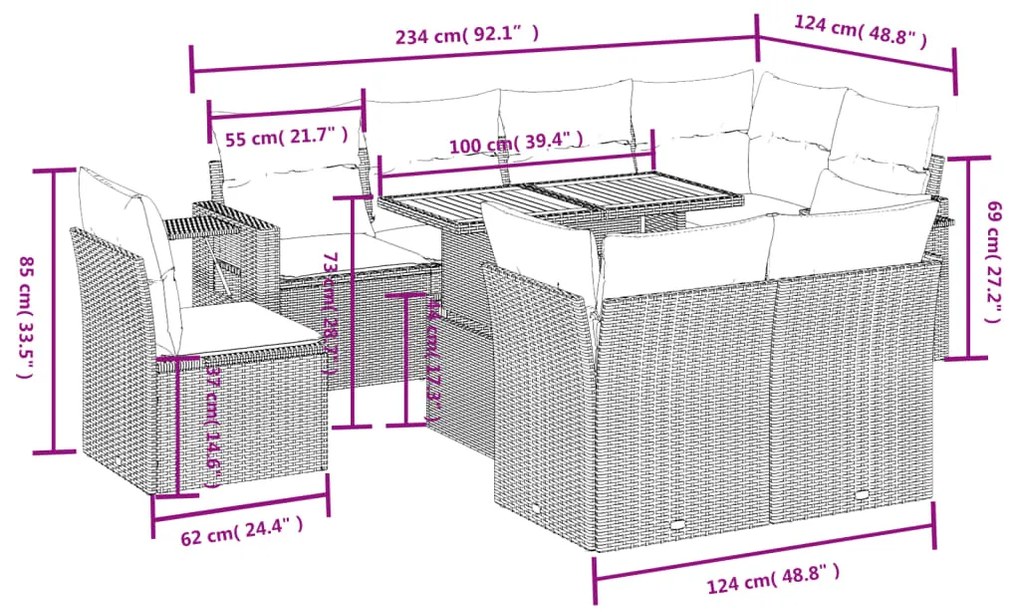 9 pcs conjunto de sofás p/ jardim com almofadões vime PE bege