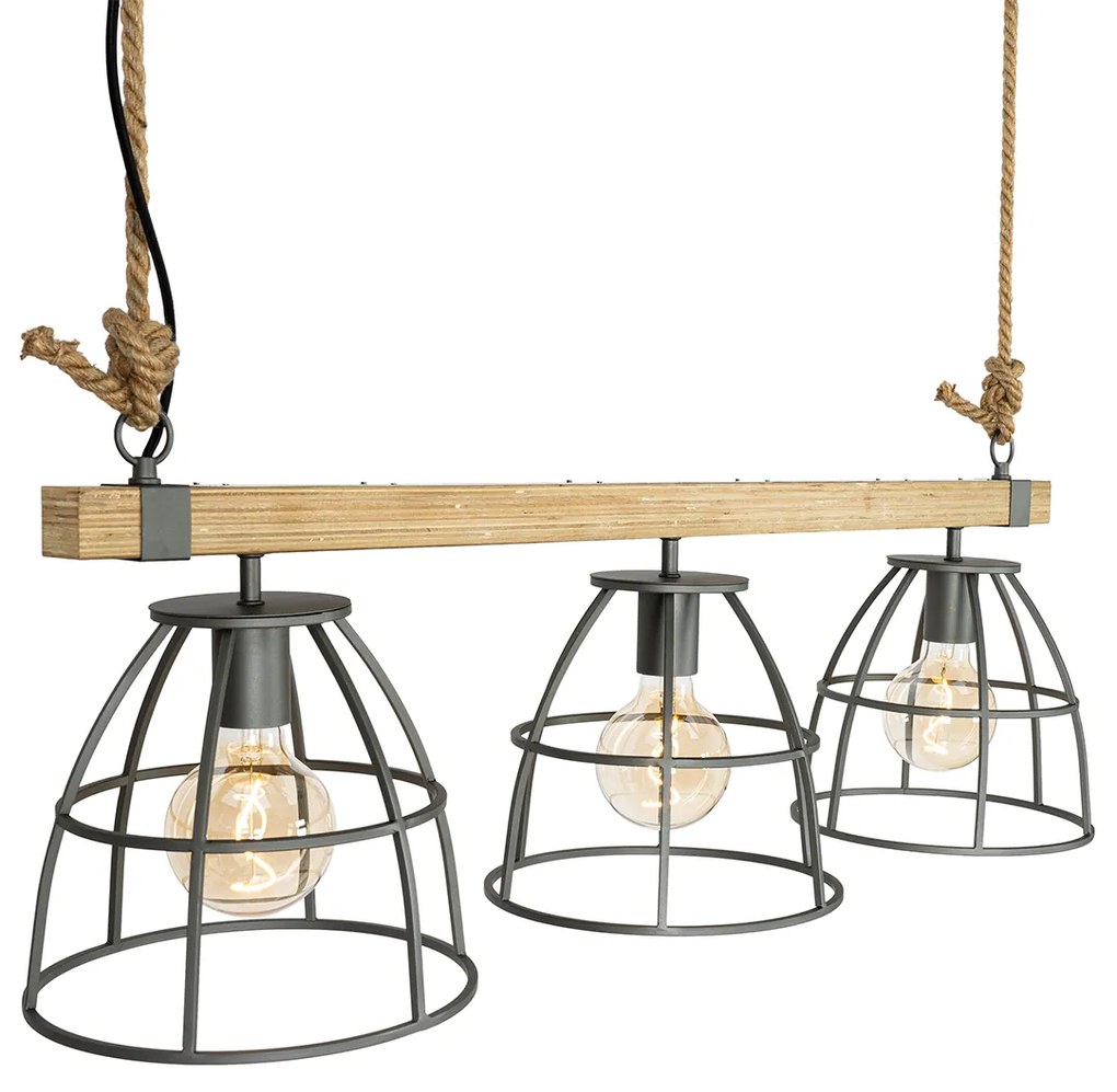 Candeeiro de suspensão industrial em madeira com cinzento escuro 3-luzes - Arthur Industrial