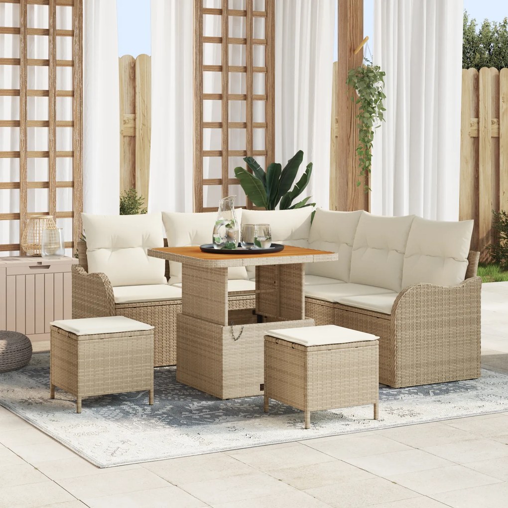 Conjunto de Sofá de Jardim vidaXL 8 Peças com Almofadas Bege Poliéster Rattan Acácia
