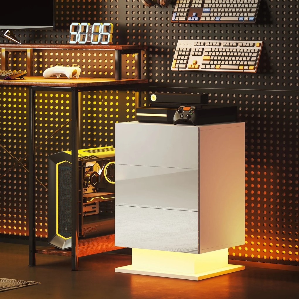 Mesa de Cabeceira com Faixa de Luz LED Multicolor Mesa Auxiliar com 3 Gavetas Estilo Moderno 40x35x60 cm Branco Brilhante