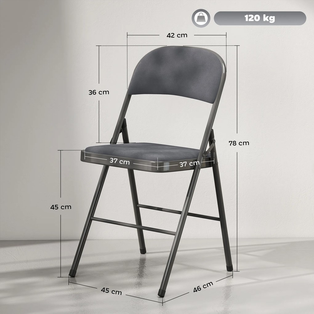 Conjunto de 4 cadeiras dobráveis e portáteis para interior (MESA NÃO INLCUIDA), com assentos e encostos estofados em veludo e estrutura em aço, cinzen