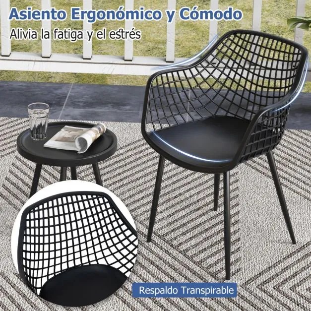 Conjunto de jardim de 3 peças 2 cadeiras Bistro e mesa de apoio PP Metal Stand Conjunto de mobiliário de exterior para interior Preto