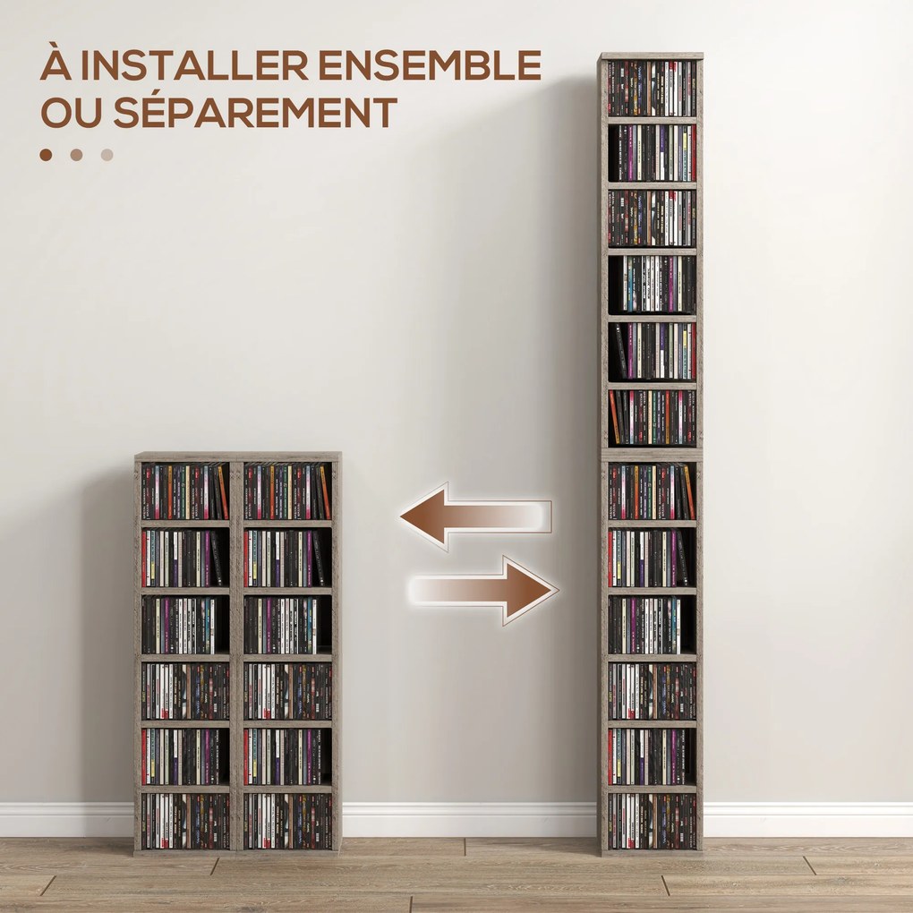 Conjunto de 2 estantes verticais para arrumação de CDs e DVDs, com 12 compartimentos, 21 x 22,5 x 88,5 cm, capacidade para 204 CDs, cinzento escuro