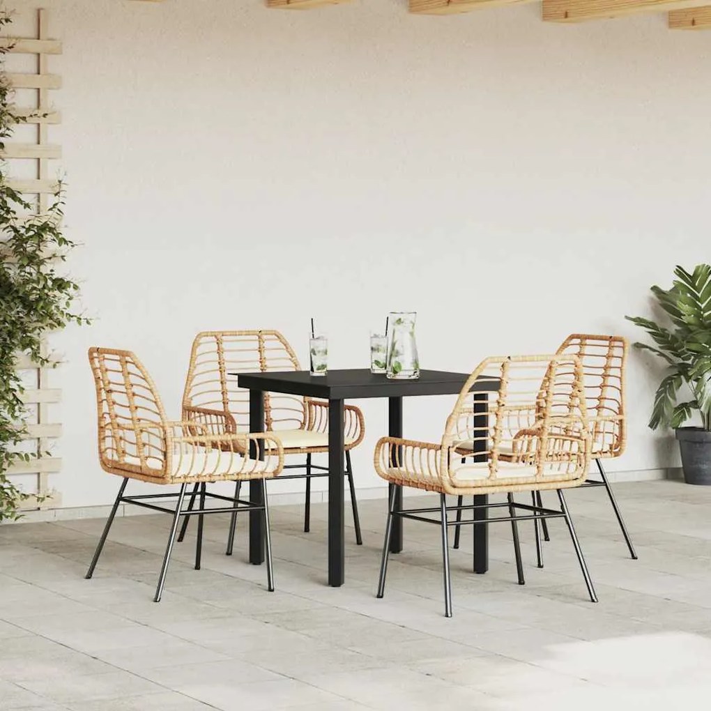 Conjunto jantar jardim 5 peças almofadas vidro vime PE castanho