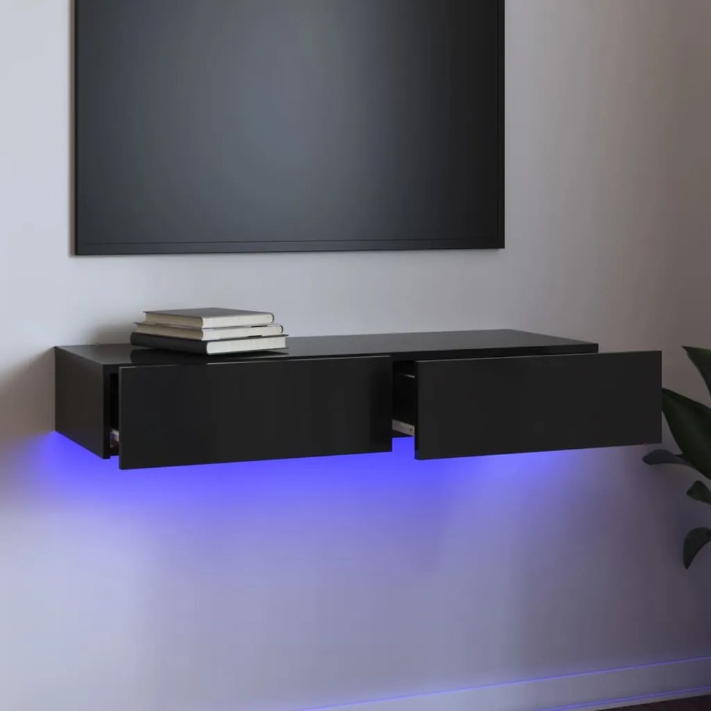 vidaXL Móvel de TV com luzes LED 90x35x15,5 cm alto brilho preto