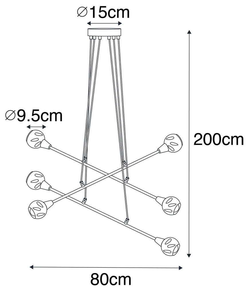 Candeeiro de suspensão preto com latão e vidro fumê 6 luzes - Vidro