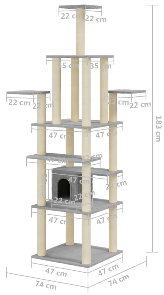 Arranhador para Gatos em Sisal e Pelucia com 183cm - Cinza Claro