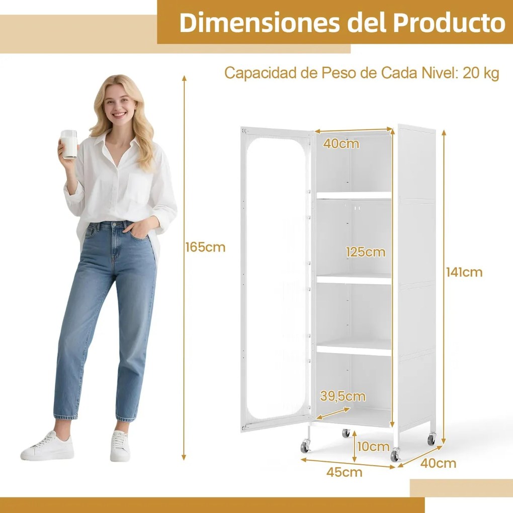 Armário Cozinha metálico 45 x 40 x 141 cm de 5 níveis Despensa de cozinha alta e estreita com prateleiras ajustáveis e porta semitransparente branco