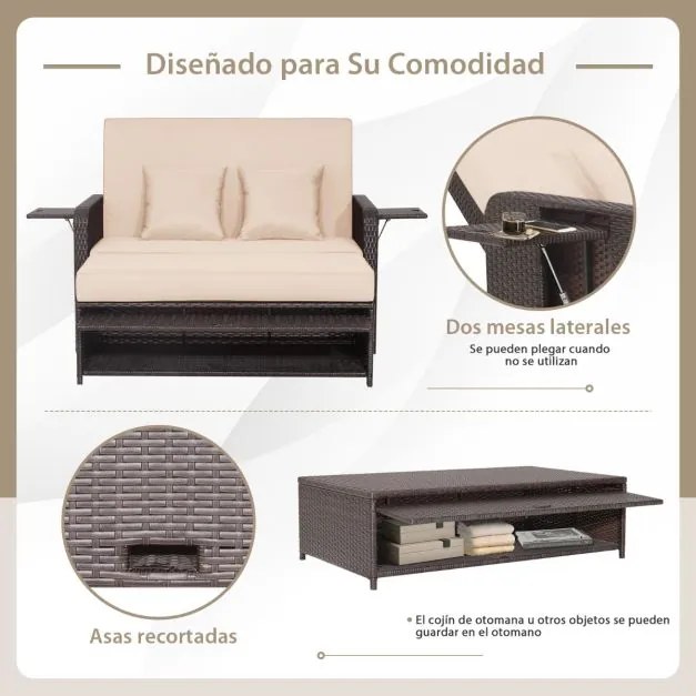 Conjunto sofá cama jardim de 2 lugares em rattan com pufe multifunções Tabuleiro lateral retrátil Encosto ajustável de 4 níveis Castanho