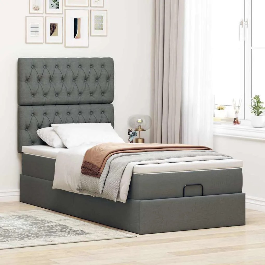 Cama otomana com colchão & LEDs 90x200cm tecido cinzento escuro