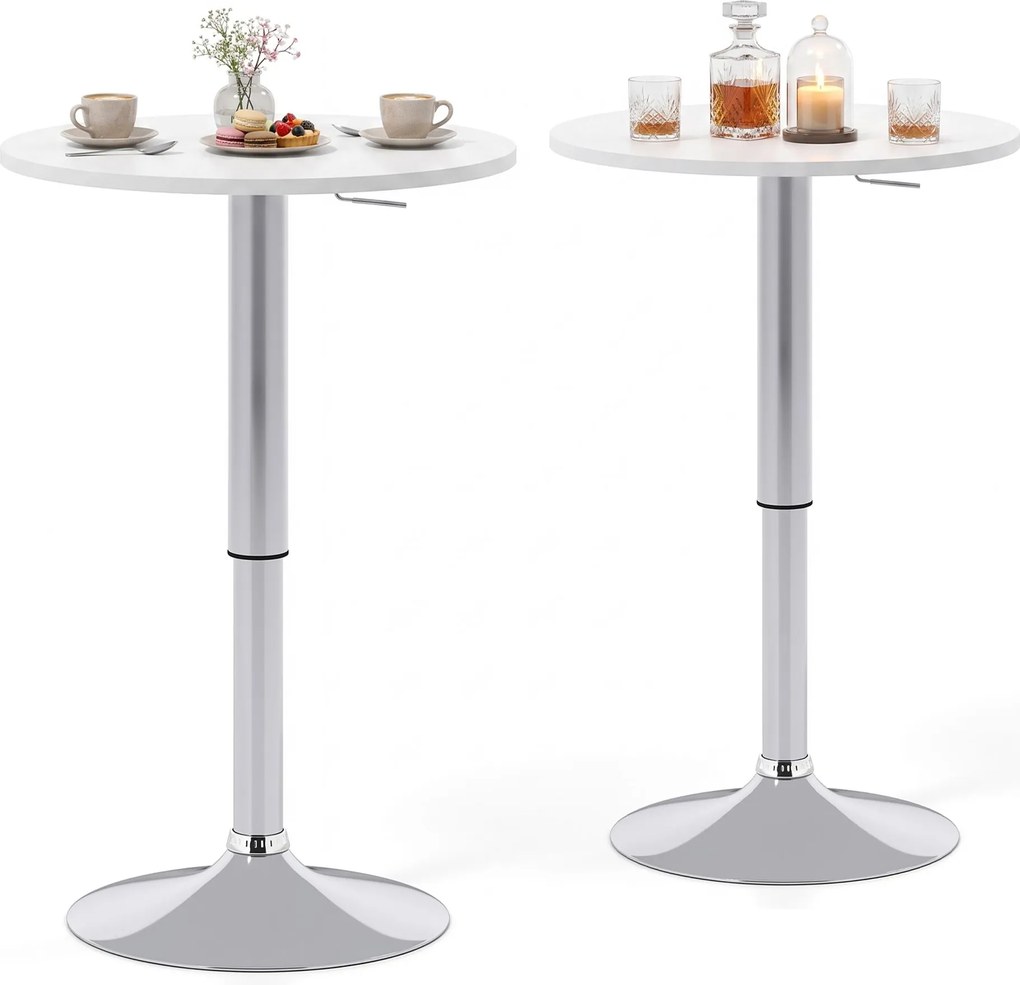 Conjunto de 2 Mesas de Bar Redondas, 60 x 60 x 67,5-91,5 cm, Altura Ajustável, Branco
