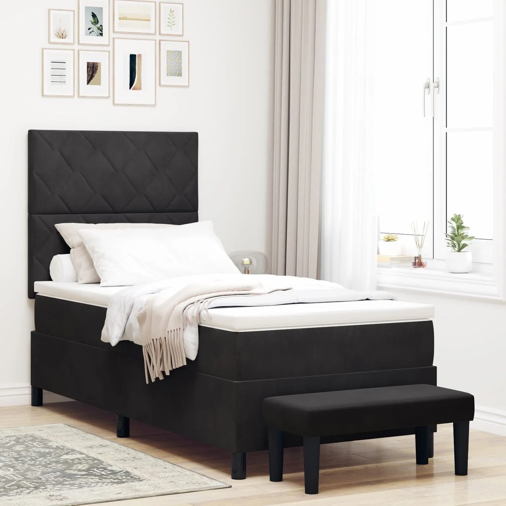Cama Box Spring com Colchão e Banco Preto 90x190 cm Veludo