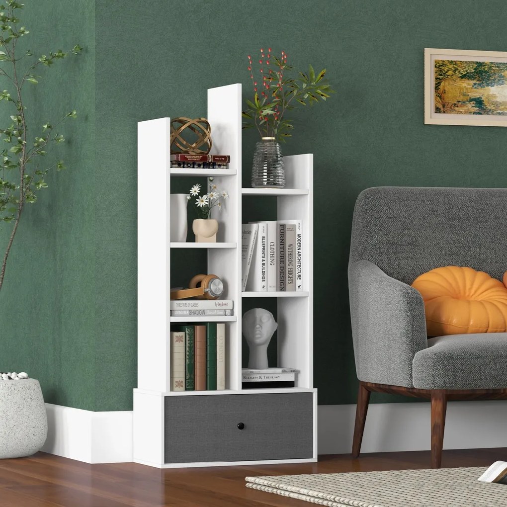 Estante de 7 níveis com gaveta e 7 compartimentos Estante de madeira para sala de estar Quarto 53 x 24 x 118 cm Branco