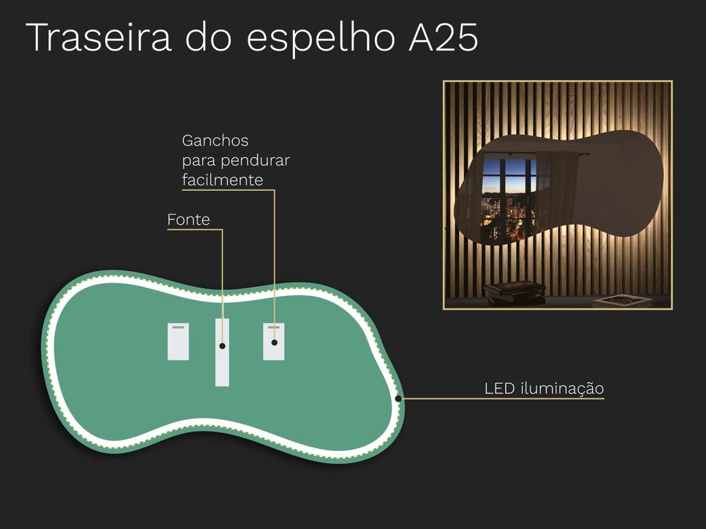 Espelho LED orgânico com iluminação A25