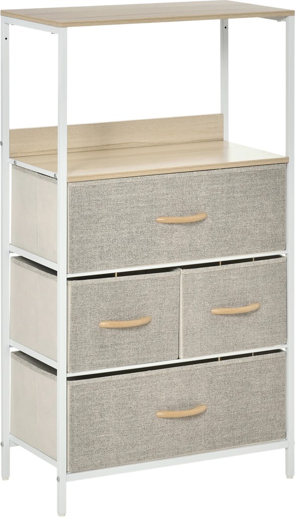 Cómoda com 4 Gavetas Dobráveis e Prateleira Aberta Cómoda com Gavetas de Tecido Anti-Tombo 58x29x103cm Madeira e Cinza Claro