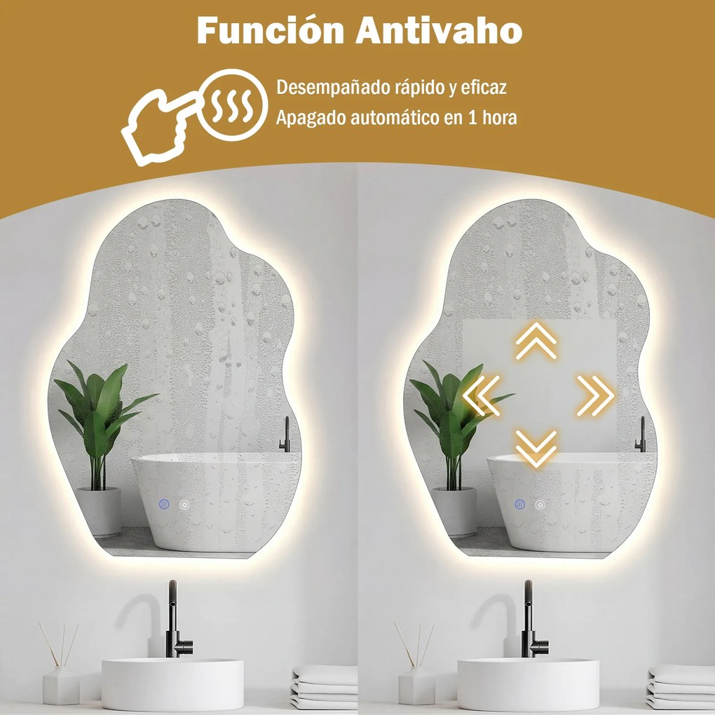 Espelho de casa de banho LED assimétrico com 3 luzes 70 x 50 x 3,5 cm, intensidade regulável, função antiembaciamento e vidro temperado prateado