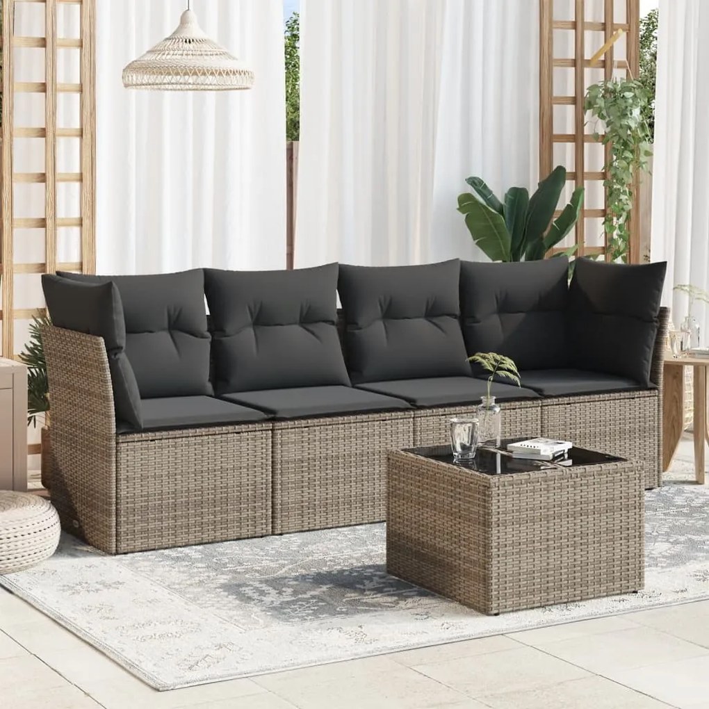 5 pcs conjunto sofás de jardim c/ almofadões vime PE cinzento