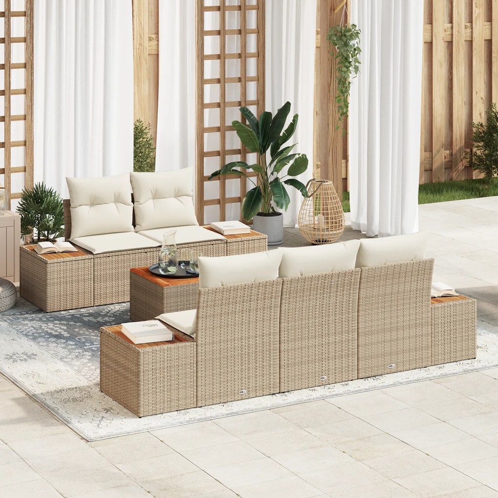 Conjunto de Sofá de Jardim de 6 Peças com Almofadas Bege de Rattan Polido Acácia