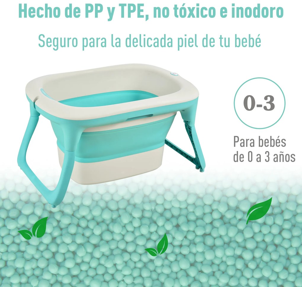 HOMCOM Banheira dobrável e portátil para bebê com recipiente para xampu bacia e banco conjunto de 4 peças de banho81,5x60x46,5 cm Verde