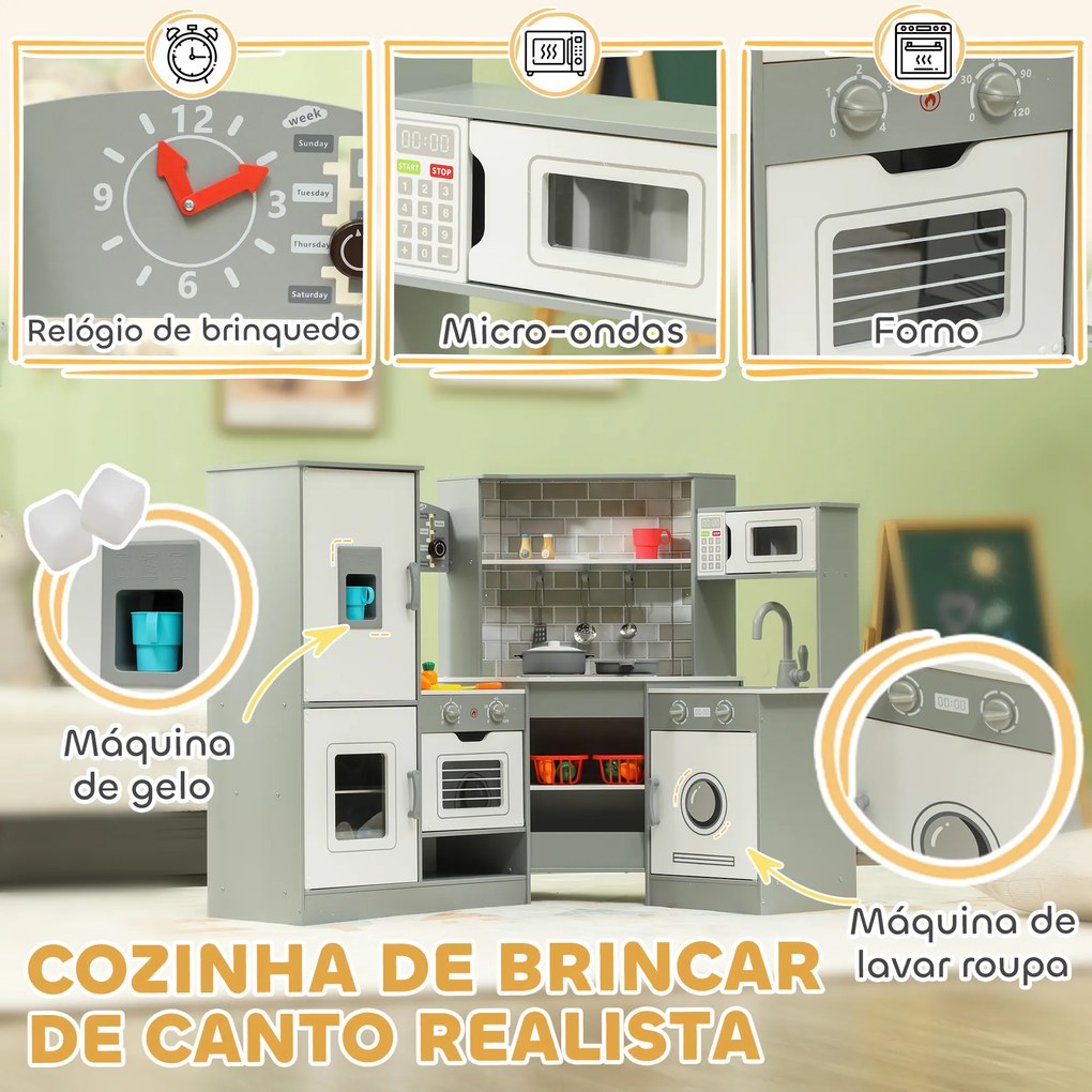 Cozinha de Madeira para Crianças com Sons Forno Lavatório Micro-Ondas Máquina de Gelo e Acessórios 110x80x91 cm Cinza