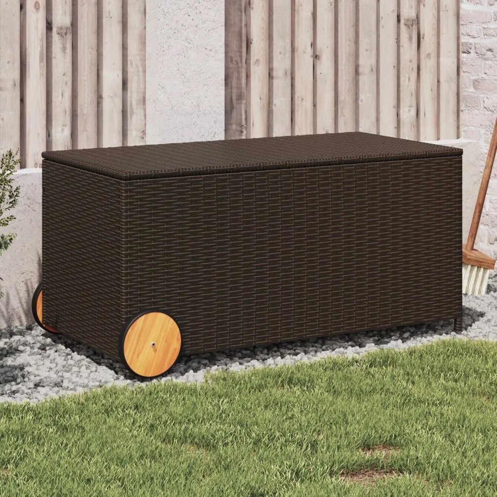 vidaXL Caixa de arrumação para jardim com rodas 190L vime PE castanho