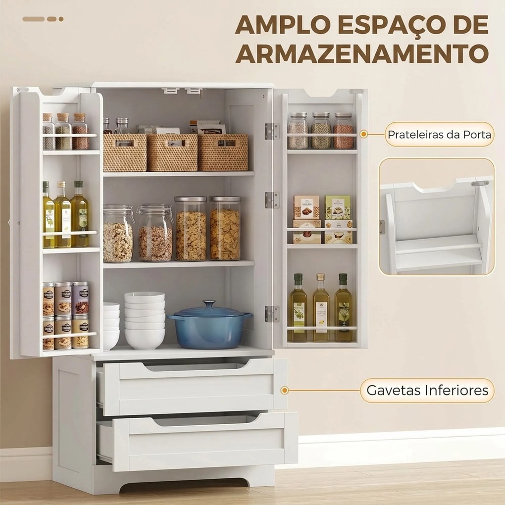 Armário Despenseiro de Cozinha com Prateleiras nas Portas e 2 Gavetas Móvel Auxiliar 58x38x120 cm Branco