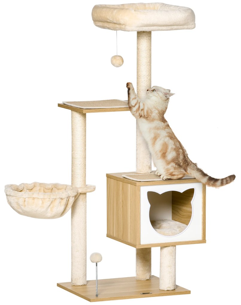 PawHut Árvore Arranhador para Gatos com Plataforma Rede Caverna Cama Postes de Sisal e Bolas de Brincar 48x40x126 cm Bege | Aosom Portugal
