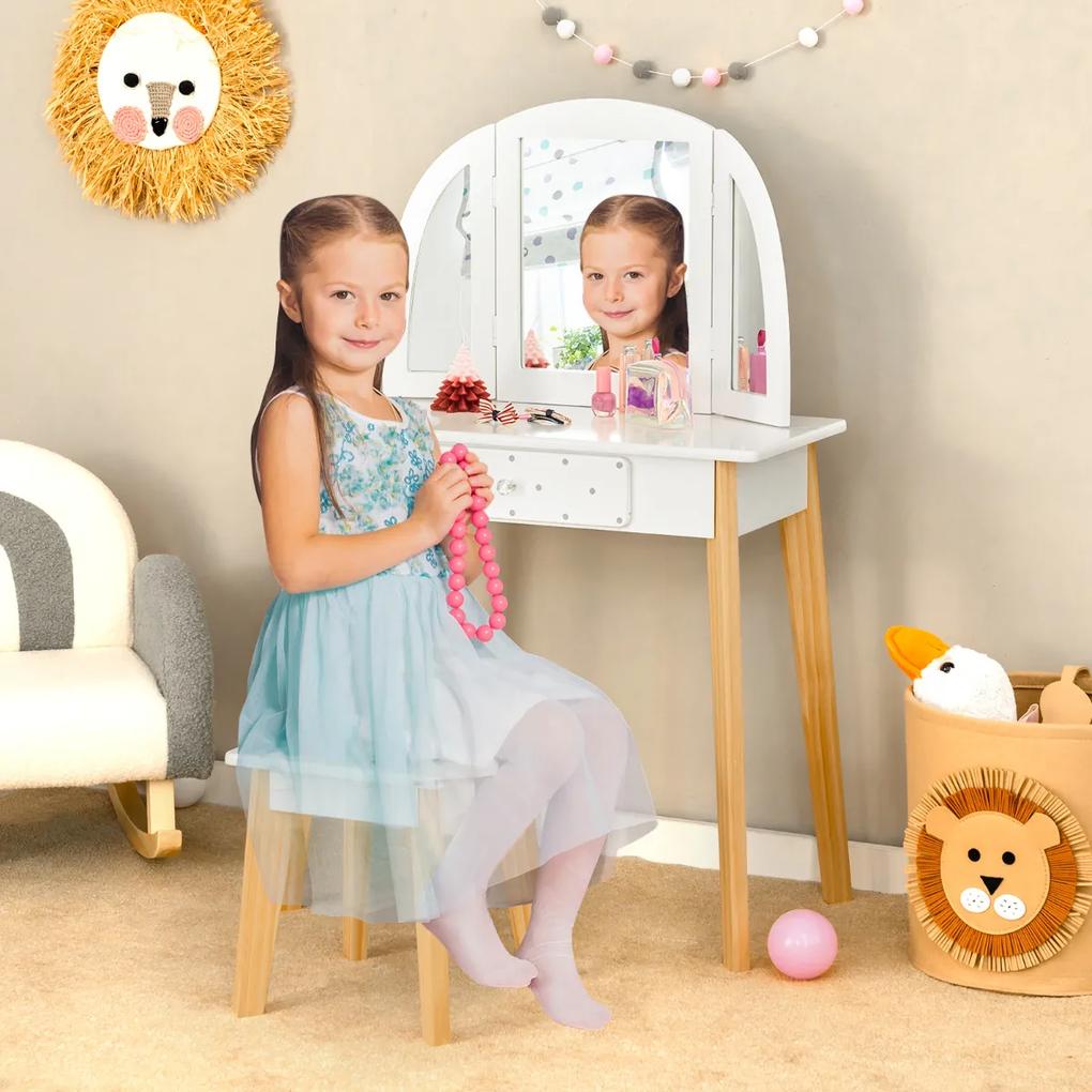 Conjunto de toucador infantil 2 em 1, mesa e banco de madeira com gaveta espelhada dobrável para meninas de 3 a 7 anos branco