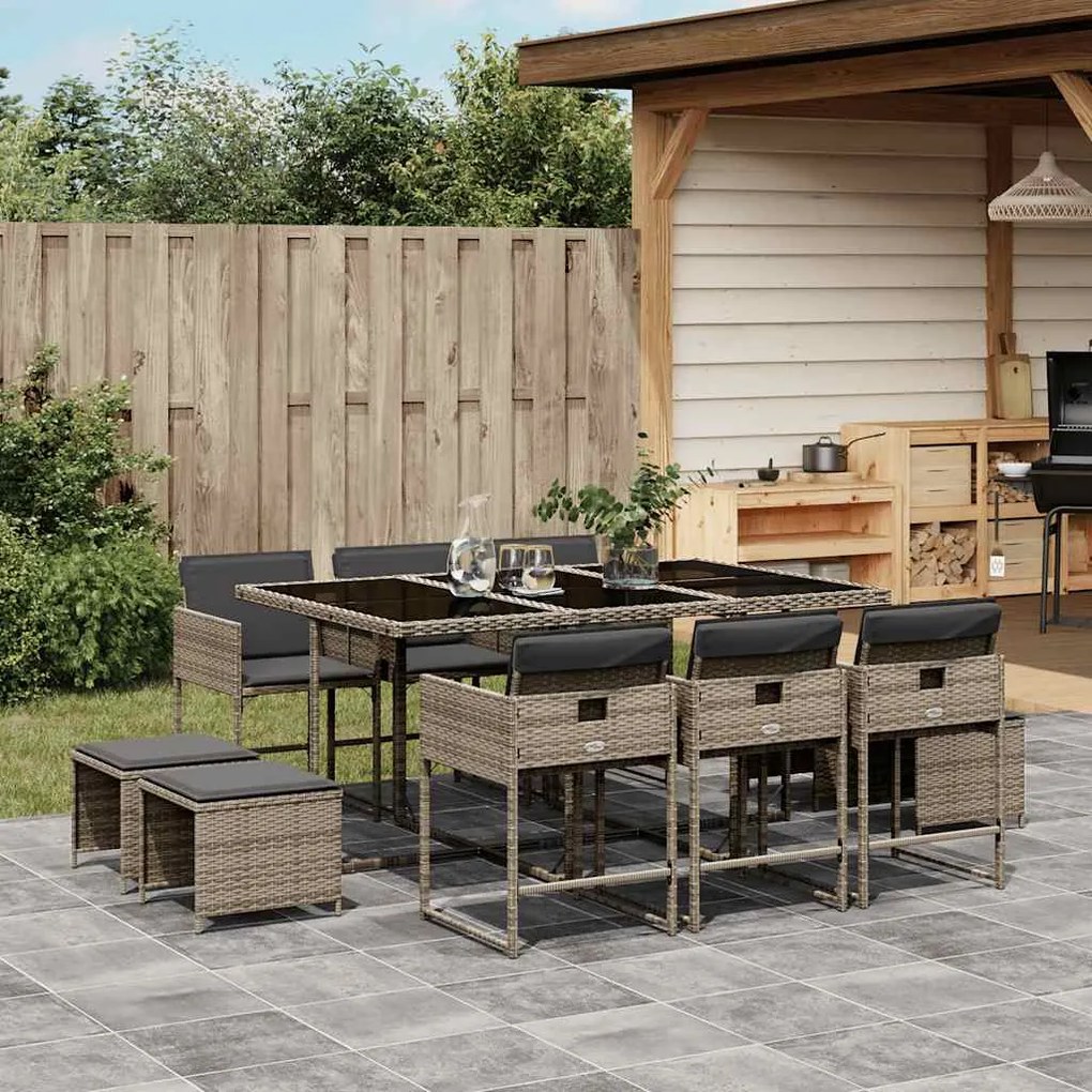 vidaXL 11 pcs conjunto jantar p/ jardim c/ almofadões vime PE cinzento