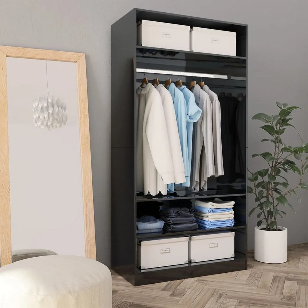 vidaXL Roupeiro 100x50x200 cm contraplacado preto brilhante