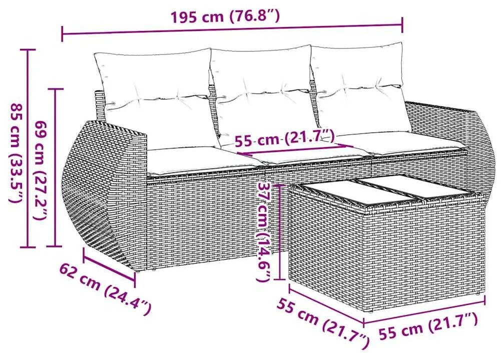 4 pcs conjunto de sofás para jardim c/ almofadões vime PE preto