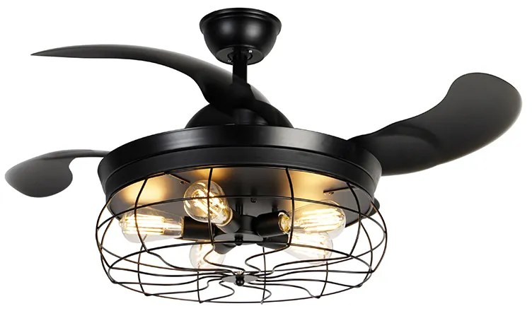 Ventilador de teto preto com pás retráteis 107cm 5-luzes com controle remoto - Gaiola