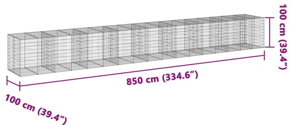 Cesto gabião com cobertura 850x100x100 cm ferro galvanizado
