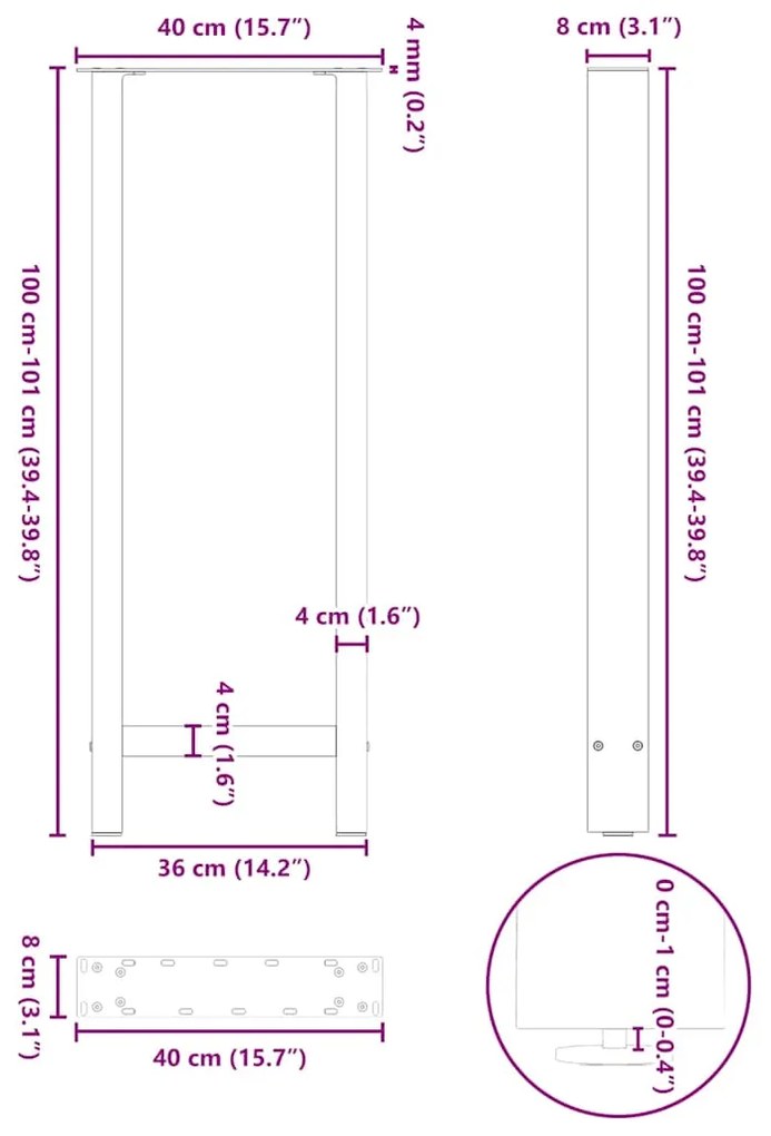 Pés de mesa de bar em aço natural, 2 peças, 40x (100-101) cm, aço