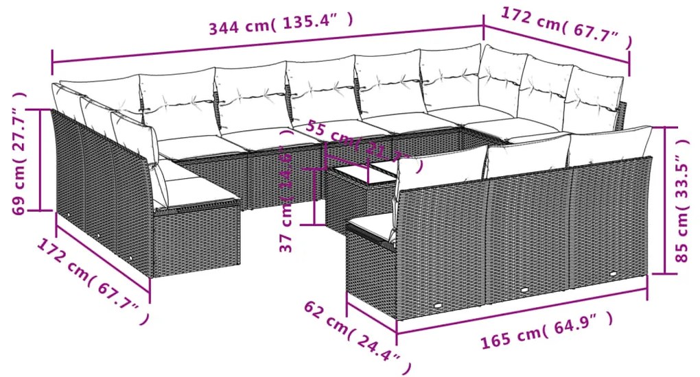 14 pcs conjunto de sofás p/ jardim com almofadões vime PE bege