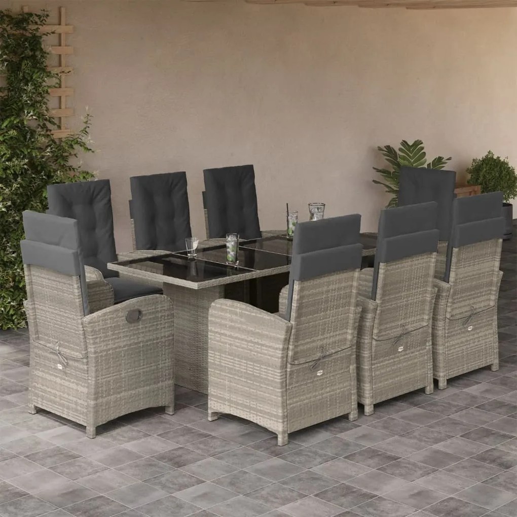 vidaXL 9 pcs conjunto de jantar p/ jardim c/ almofadões cinzento claro