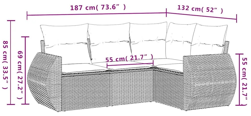 4 pcs conj. sofás jardim c/ almofadões vime PE cinzento-claro