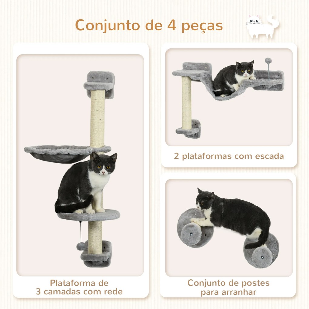 Prateleiras de Escalada para Gatos de Parede com Rede Plataformas Poste de Sisal e Escada 84,5x19x54 cm Cinza e Bege