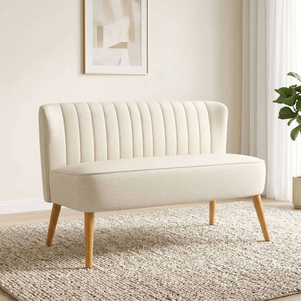 Sofá pequeno de 2 lugares 117 x 56,5 x 77 cm, sofá de sala em tecido com aspeto de linho, assento almofadado e pés em madeira de seringueira, creme
