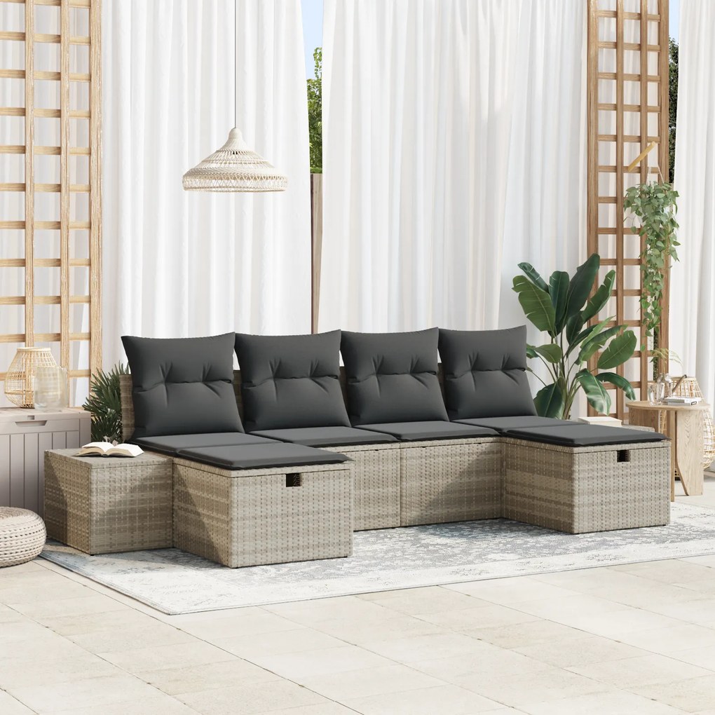 Conjunto de Sofá de Jardim com Almofadas Cinza Claro Rattan Poliéster